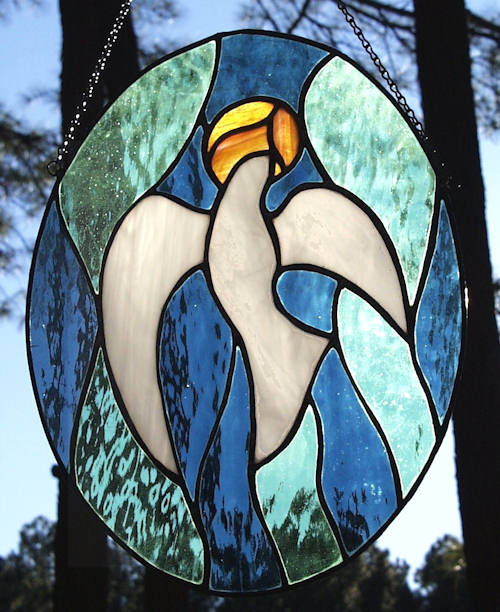 ascending dove stained glass panel