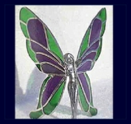 purple and green stained glass wings