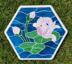 lily pond with flower stained glass stepping stone
