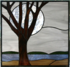 Winter Moon Landscape stained glass panel