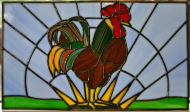 stained glass cabinet insert- rooster at dawn
