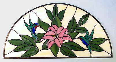 hummingbird arched stained glass transom