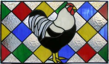 stained glass black & white rooster cabinet insert