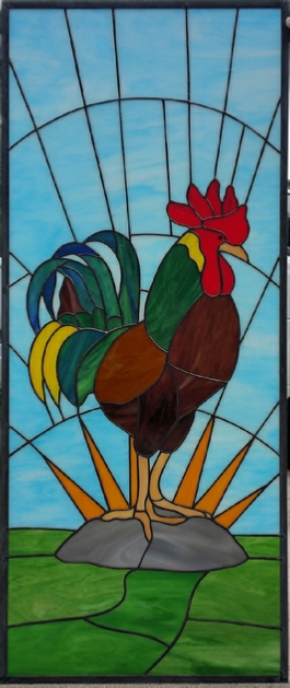 Rooster stained glass panel
