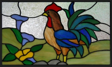 rooster & morning flowers - stained glass cabinet insert